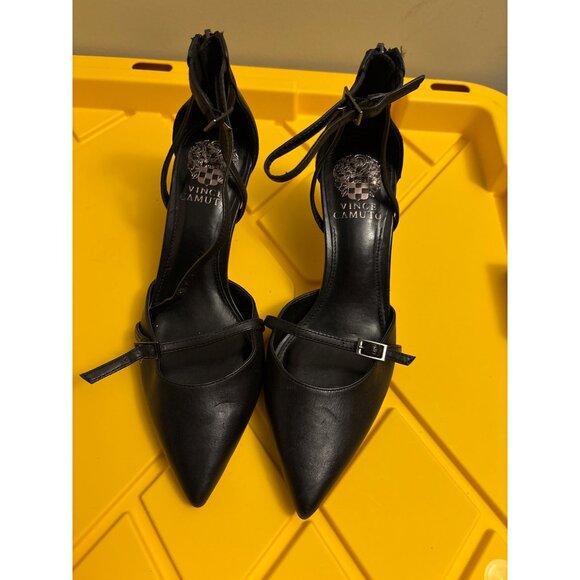 Vince Camuto Black Leather Pointed Toe Ankle Strap Heels With Back Zipper 7 SIZE - Picture 1 of 7